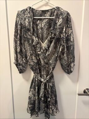 RACHEL Rachel Roy Black and White Printed Ruffle Wrap Mini Dress